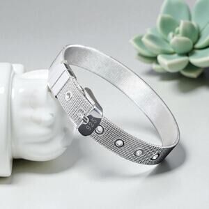 Mesh Strap Buckle Bracelet, Silver-Tone, Stamped 925 Style, Adjustable